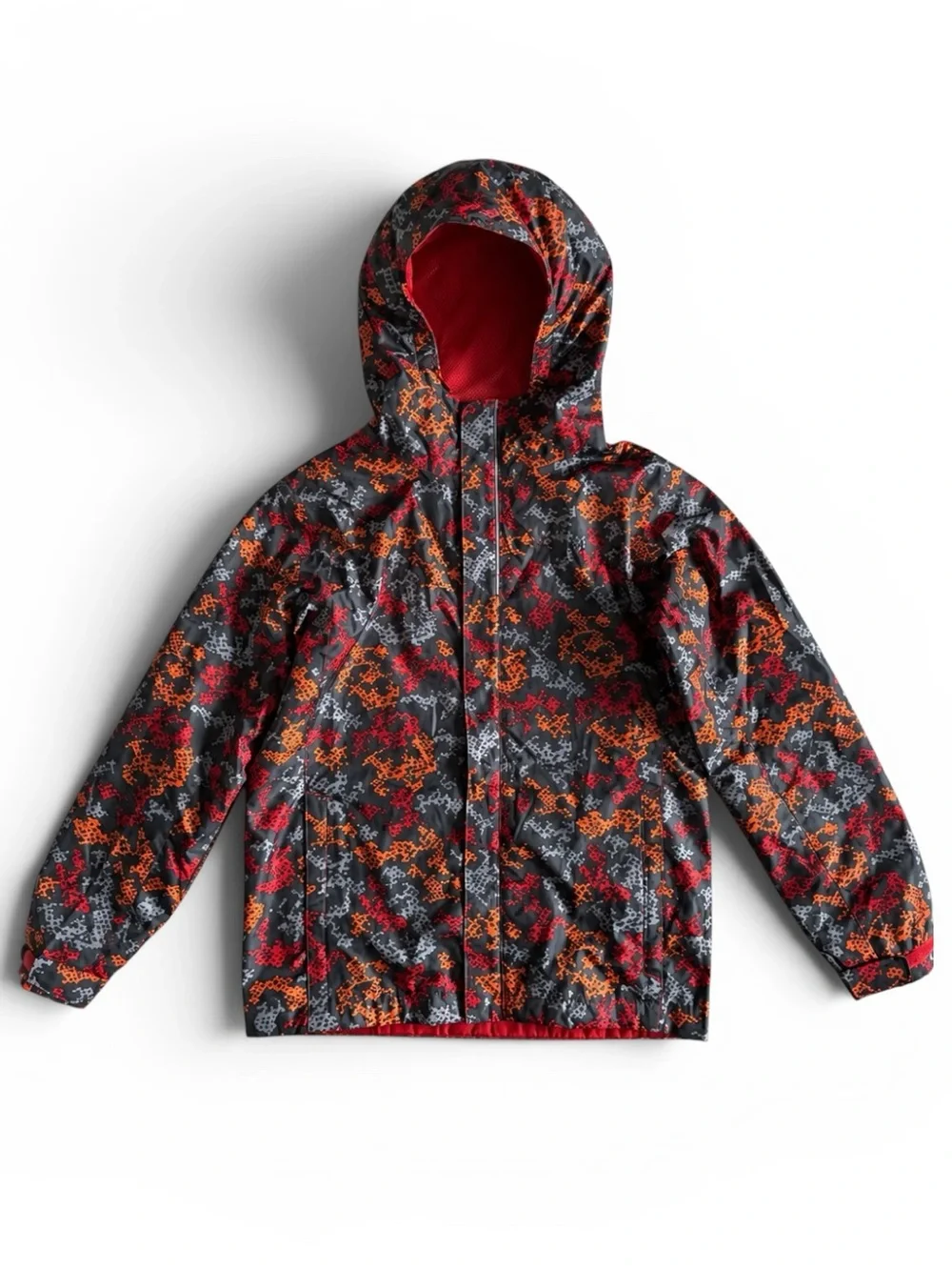 Columbia Kids Hooded Rain Jacket Windbreaker Raincoat Red Orange Gray Camo M